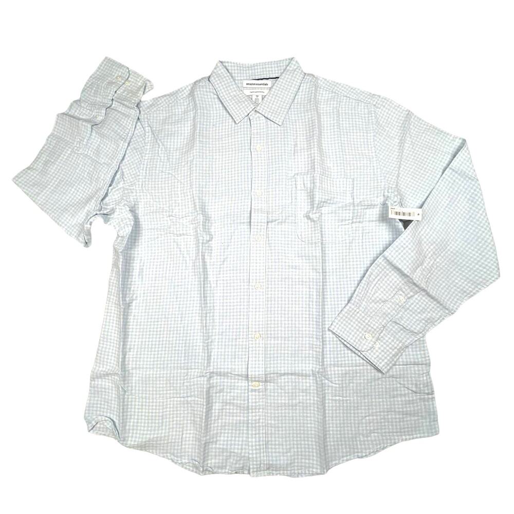 Amazon Essentials Men's XL Regular Fit White Blue Plaid Long Sleeve Button Shirt